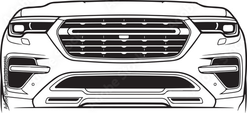 Car front grille, vehicle headlight, automotive bumper, black and white illustration