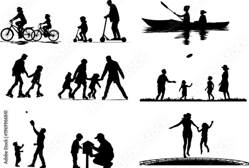 Silhouettes of families enjoying outdoor activities and recreation together
