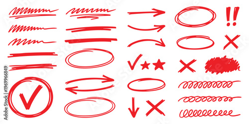 Set of hand-drawn red scribble elements arrows circles and check marks vector illustration for design annotation