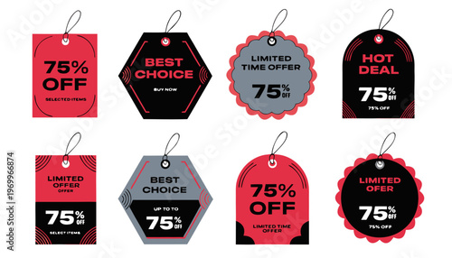 Set of flat vector retail sale tags and discount badges in red, black, and grey featuring 75% off and limited time offer text for promotional marketing.eps