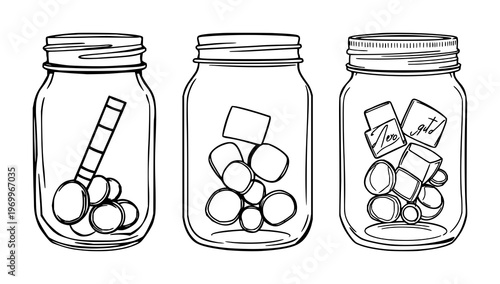 Mason jar set with black line art depicting glass weights featuring food preservation, fermentation, canning with kitchen utensils and homemade goods