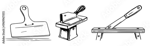 Bench Scraper Tool set with line art illustration featuring kitchen utensil, bakeware, kitchenware with pastry accessory and baking equipment