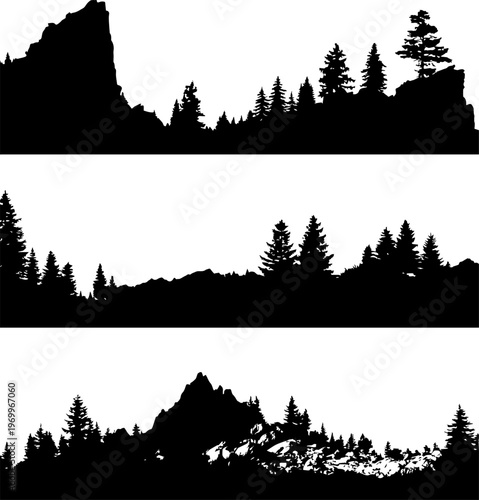 Silhouetted forest and mountains landscape in three horizontal panels