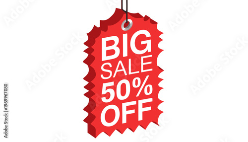 Vertical Hanging Discount Label with Jagged Edge and Half Price Offer for Retail Sales.eps