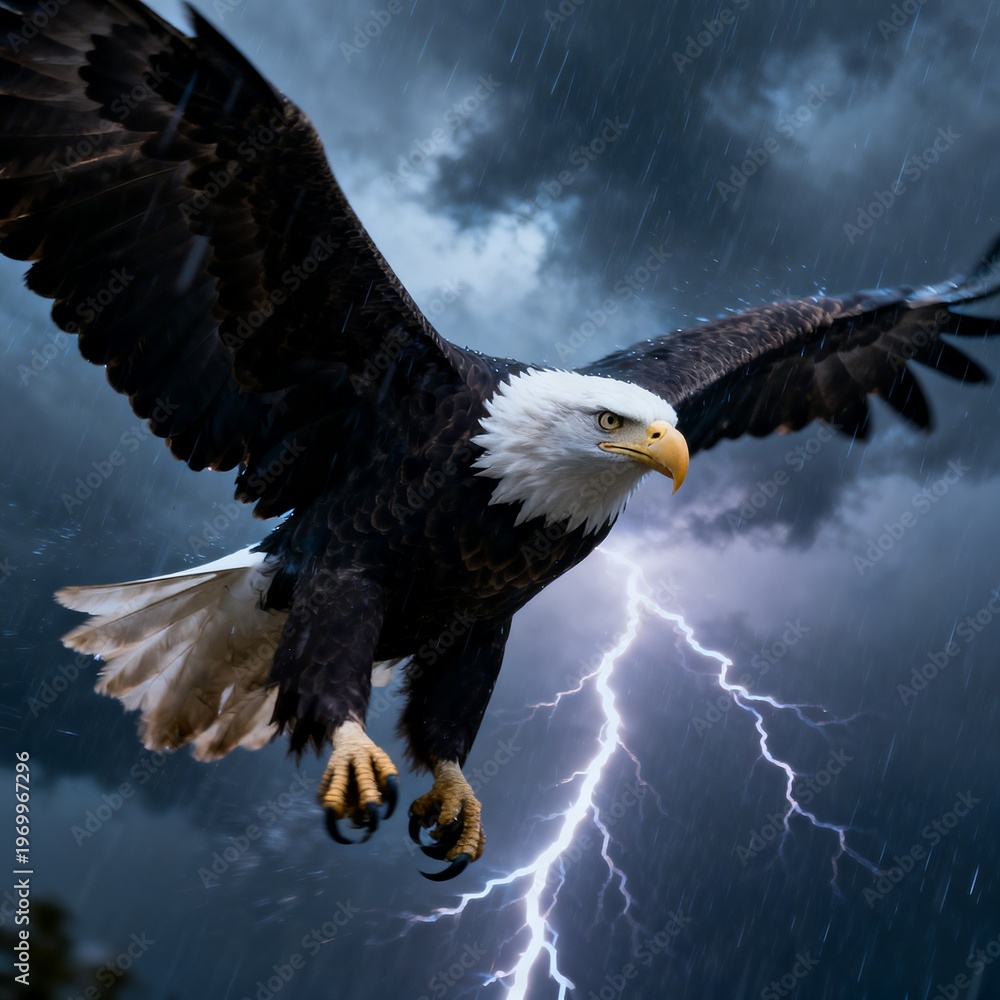 Naklejka premium Bald Eagle Flying in Stormy Thunderstorm Sky