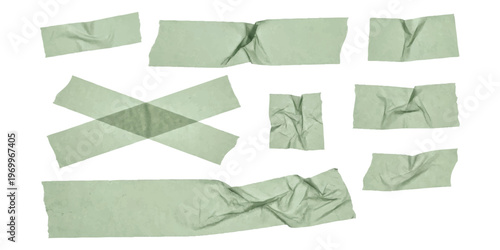 Set of isolated adhesive tape strips in light green color with realistic texture and crumpled paper effect
