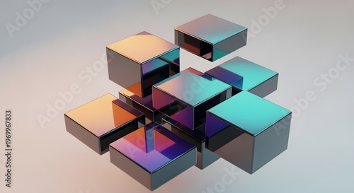 Abstract Cluster of Iridescent Reflective Cubes in Blue Purple Orange Hues Floating