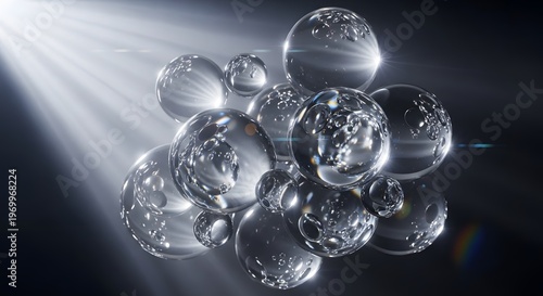Abstract Cluster of Clear Glass Spheres with Internal Textures and Bright Lens Flare Lighting