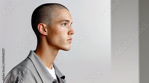 Minimalistische Portraits eines jungen Mannes mit kurzem Haar und neutralem Ausdruck. Klare Beleuchtung, Fokus auf Gesicht, Hautstruktur und reduzierte, moderne Ästhetik.