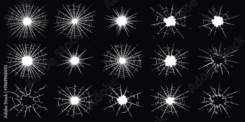 Set of realistic broken glass cracks and bullet hole vector illustration isolated on black background for design