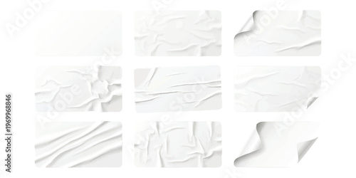 Set of white wrinkled paper sticker textures with adhesive effect and curled corners vector illustration template collection