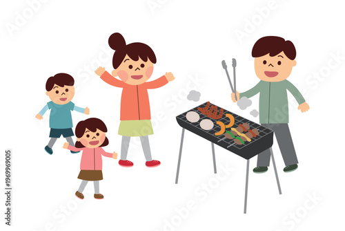 バーベキューをする家族