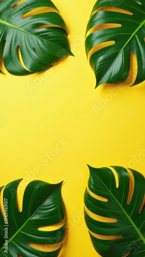 A group of green leaves against a bright yellow background, suitable for use in design and illustration projects