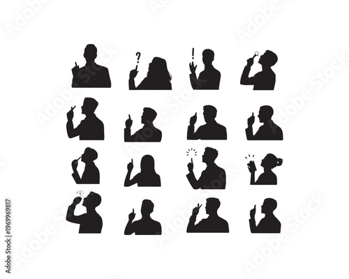 Sixteen black silhouette profiles of men and women gesturing with fingers and holding on a white background Keywords