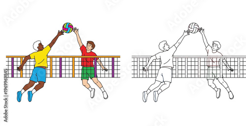 Volleyball Players Illustration Set with Colored and Outline Versions of Two Young Men Jumping and Spiking Ball over Net for Sports Graphic Design and Coloring Book Activity