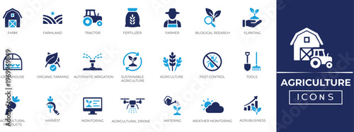 Agriculture solid icon set. Featuring tractor, tool, tractor, harvest, farmer, field, irrigation, and more.perfperfect icon collection.