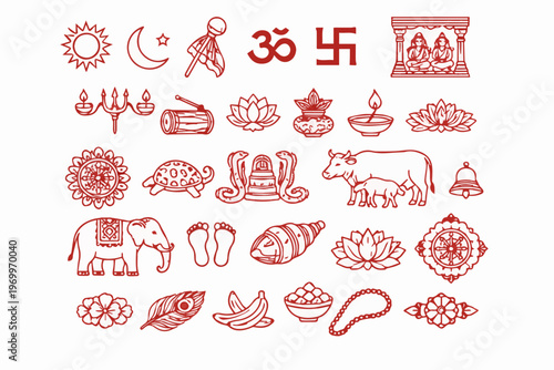 Red line-art Hindu symbols: Om, Swastika, diya, lotus, kalash, elephant, & cow. These sacred motifs represent spirituality & are commonly used for festivals like Diwali, weddings, and puja ceremonies
