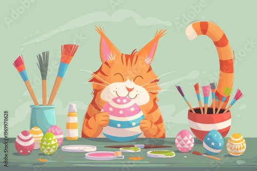 Cheerful cat painting easter eggs in colorful art studio