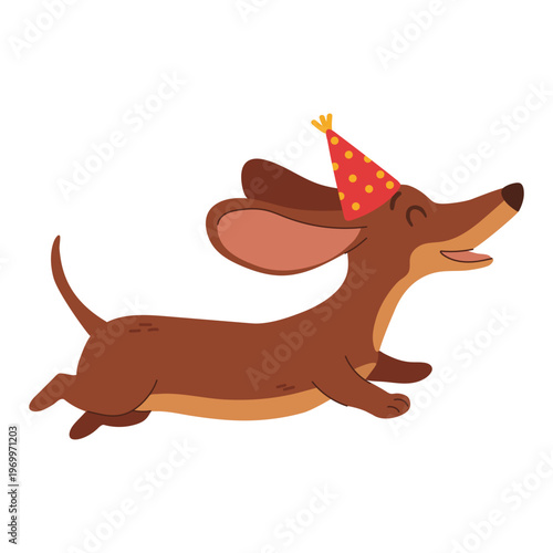 Funny dachshund dog laughing in party hat. Happy birthday cartoon character