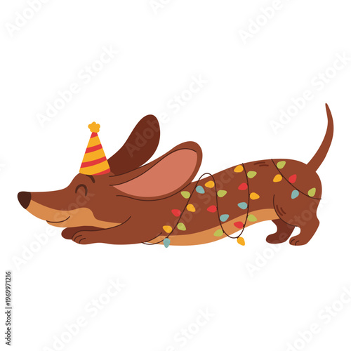 Cute dachshund dog wrapped in festive lights. Funny birthday character
