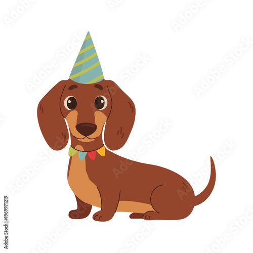 Cute dachshund dog sitting with party hat. Adorable birthday character