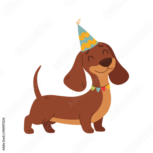 Funny dachshund dog in party hat. Happy birthday cartoon character