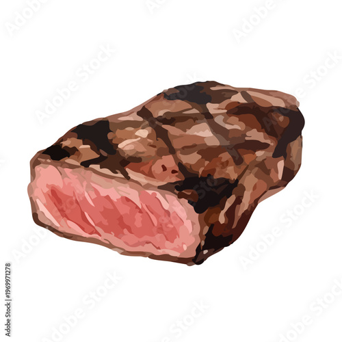 Watercolor-style juicy beef steak illustration, grilled ribeye with rosemary and garlic ／ 水彩ステーキ