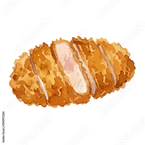 Watercolor-style crispy Tonkatsu illustration, Japanese deep fried pork cutlet ／ 水彩とんかつ
