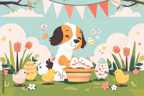 Colorful spring scene with happy dog and chicks in pastel cartoon style
