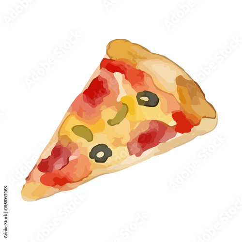 Watercolor-style fresh whole pizza illustration, rustic Italian cheese and basil pizza ／ 水彩ピザ