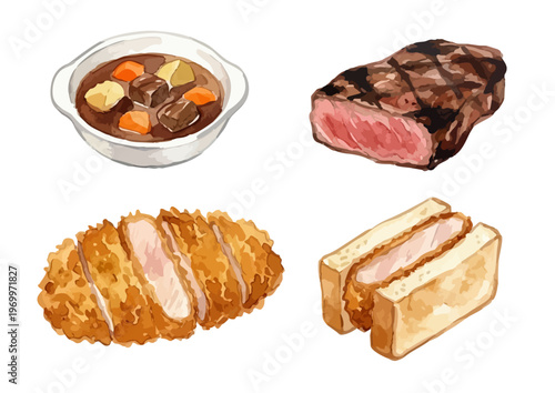 Watercolor-style premium meat dishes set, steak tonkatsu beef stew and katsu sando ／ 水彩レストランのお肉料理