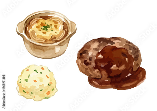 Bild auf Leinwand Watercolor-style restaurant meal plate, hamburger steak with potato salad and ve