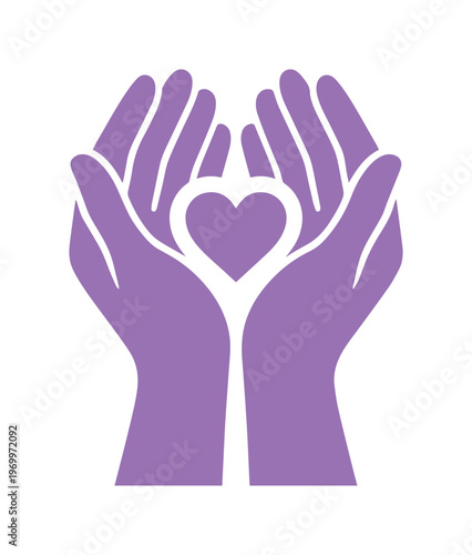 Purple cupped hands holding heart icon, charity and care vector illustration, medical support and kindness symbol on white background