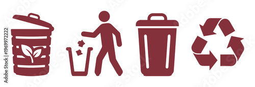 Waste management icon set in maroon, recycling symbols and trash bin vector elements, environmental conservation and disposal sign collection