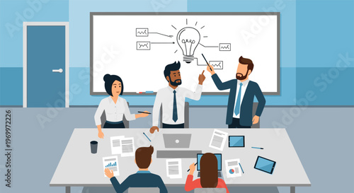 Business team brainstorming meeting in modern office with lightbulb idea on whiteboard in bright colorful illustration for business presentation