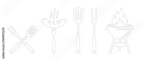 Minimalist BBQ icon set with grill, spatula, and sausage. Linear barbecue equipment vector collection. Modern outline outdoor cooking tools.