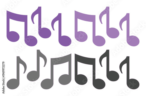 Purple and grey music note icons, set of 12 musical symbols in flat vector style, melodic eighth and sixteenth notes for audio design and song composition