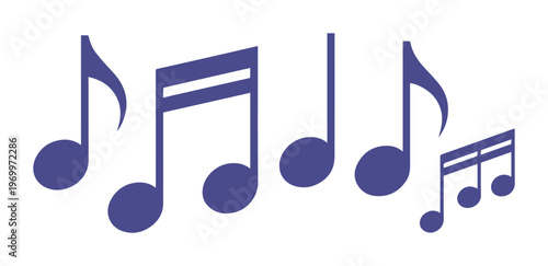 Minimalist purple music notes vector, rhythmic musical notation icons, simple melody symbols for audio branding and creative sound design projects
