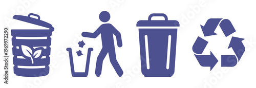 Waste management icons set in purple, recycling symbols and trash bin vector graphics, environmental sustainability and litter disposal signs