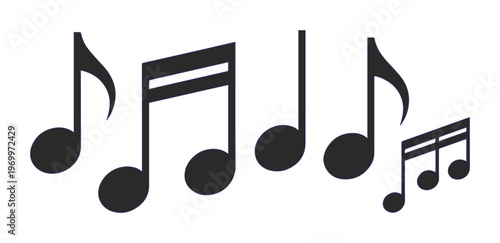 Black music notes vector set, musical notation symbols on white background, rhythmic melody icons for sound design and audio branding