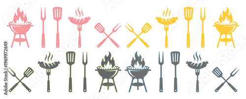 Barbecue grill icons set, flat BBQ party vector elements, colorful summer cookout symbols with spatula and fork, grilled sausage and fire flame graphics