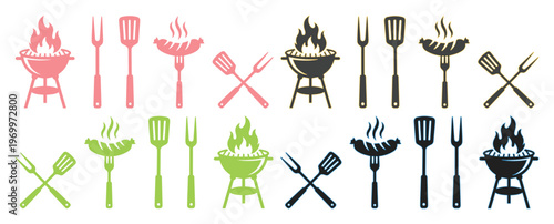 Barbecue grill icons and BBQ tool set, 20 vector elements for summer cookout, charcoal kettle grill with flame and spatula silhouettes