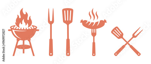 Barbecue grill icons set, terracotta orange BBQ tools and flaming charcoal grill vector, outdoor cooking equipment for summer picnic and party