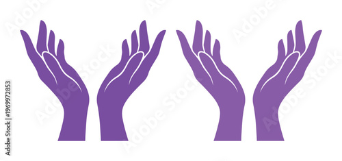 Purple cupped hands vector illustration, open palms reaching upward in prayer or support, spiritual healing and care concept icons on white background