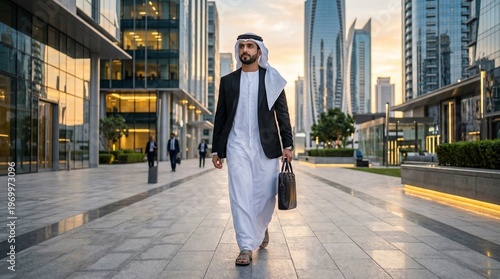 An arab man wearing traditional attire, confidently walking in a modern city setting