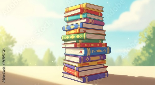 Tall Stack of Colorful Books With Forest Background