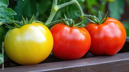 Ripe cherry tomatoes growing on a plant, organic home gardening on a balcony, healthy food production fresh