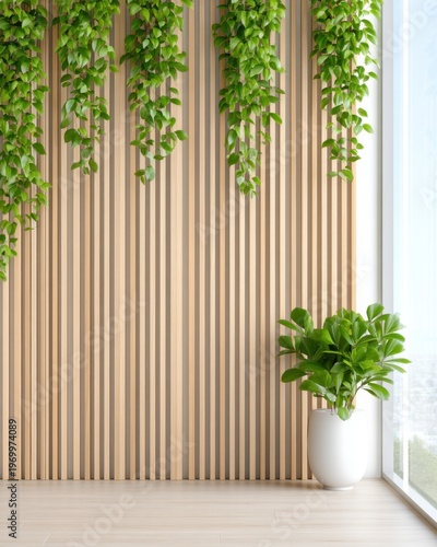 Vertical studio background, wall feature with vertical wood slats and greenery (plants), soft natural window light from the side, clean eco friendly aesthetic