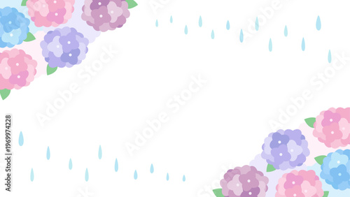 あじさいと雨の梅雨の背景イラスト、16対9の横長サイズ