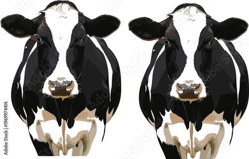Holstein dairy cow head front view realistic black and white cattle farm animal portrait vector illustration set